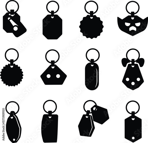 Keychain and Key Ring Vector Silhouettes, Diverse Shapes and Designs for Key Holders, Customizable Blank Key Fobs, Promotional Accessory Templates for Branding.