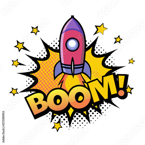 Comic book style rocket launching with explosion and 'Boom!' text, isolated vector image on a transparent background  