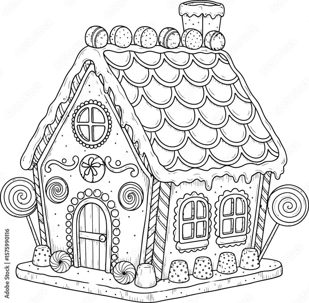 Fototapeta premium Black and white line drawing of a decorated gingerbread house with candy christmas holiday