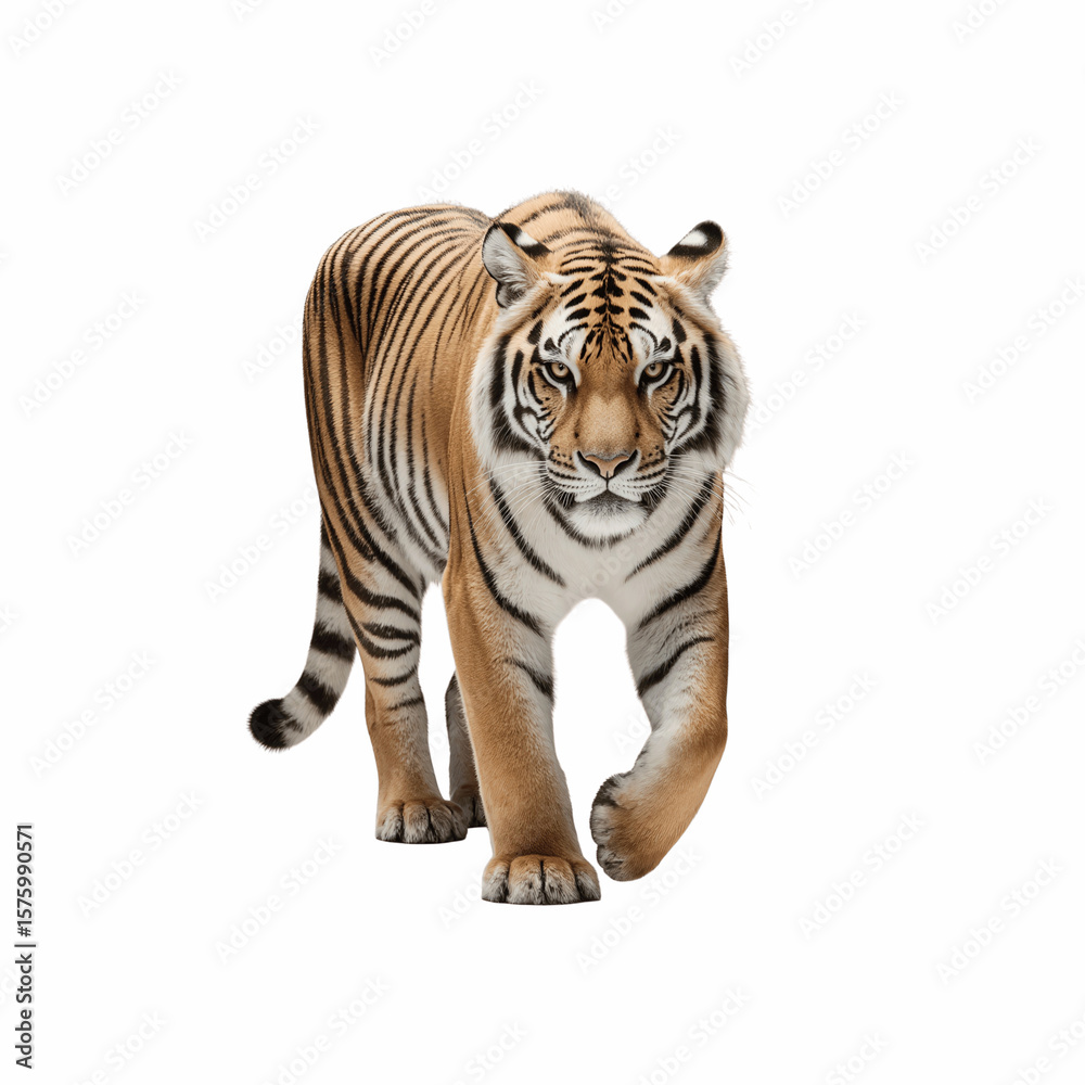 Obraz premium Tiger's Assertive Stroll: A solitary tiger strides purposefully, its eyes locked forward, showcasing the regal presence of this captivating big cat in a moment of power and grace.