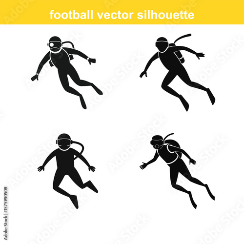 Diver,Underwater Diving,Black silhouette of a scuba diver wearing a wetsuit swimming underwater vector art,
