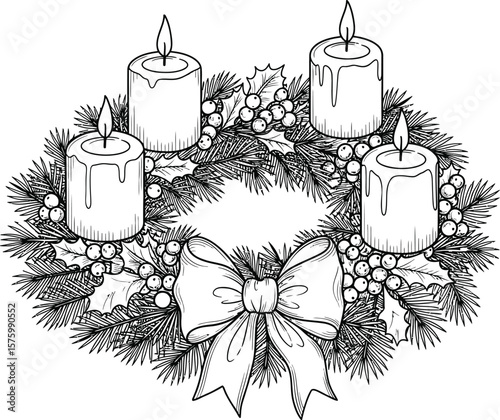 Black and white sketch of a Christmas wreath with four candles and a bow advent wreath burning candles