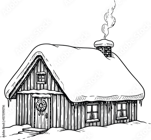 Black and white sketch of a snow covered wooden cabin with smoke coming from chimney and wreath on door