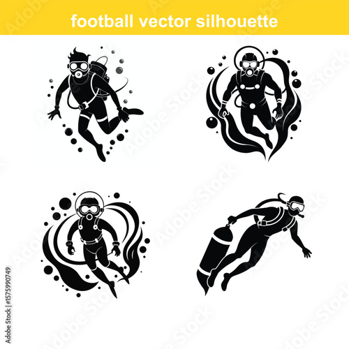 Diver,Underwater Diving,Black silhouette of a scuba diver wearing a wetsuit swimming underwater vector art,