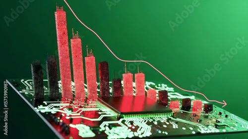Abstract representation of a declining financial market with red bars on a circuit board background