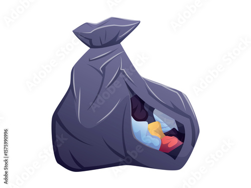 Cartoon Garbage Bag with Hole and Colorful Trash Inside. Vector isolated illustration of a full black waste sack with visible rubbish. Perfect for environmental, waste management, or recycling topics.