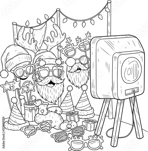 Christmas party photo booth props and equipment with festive decorations vector