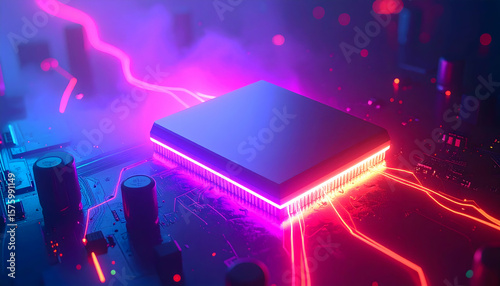 Vibrant electronic circuit board glows with futuristic digital energy