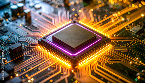 A vibrant close-up of a glowing microchip on a circuit board, symbolizing advanced technology and digital innovation