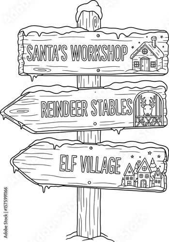 Christmas signpost pointing to Santas Workshop Reindeer Stables and Elf Village with snowy wooden boards