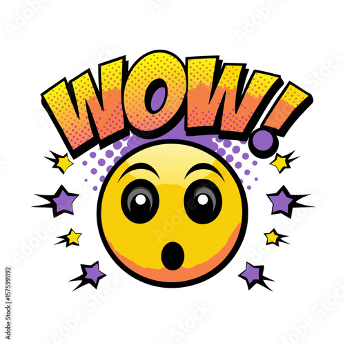 Smiley face with surprised expression and comic style text "WOW!", isolated vector image on a transparent background  