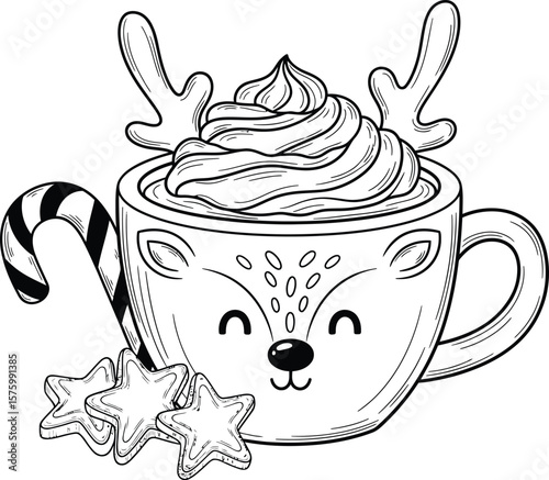 Cute reindeer hot chocolate mug with candy cane and star cookies antlers whipped cream