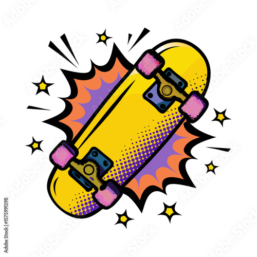 Yellow skateboard in pop art style, isolated vector image on a transparent background