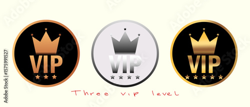 Set of VIP badges, icon, sign, tag, symbol in Three level. Gold, silver and bronze color round labels collection.