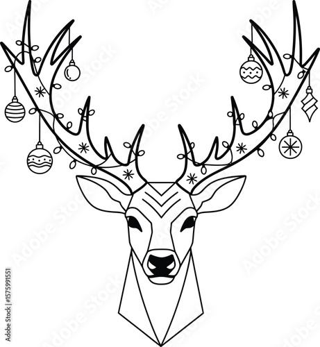 Geometric deer head with Christmas ornaments and string lights on antlers reindeer holiday