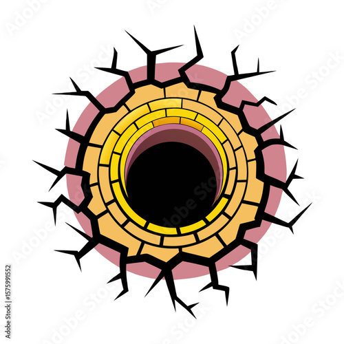 Isolated vector image of a hole with cracks in comic book style, pop art, isolated vector image on a transparent background  