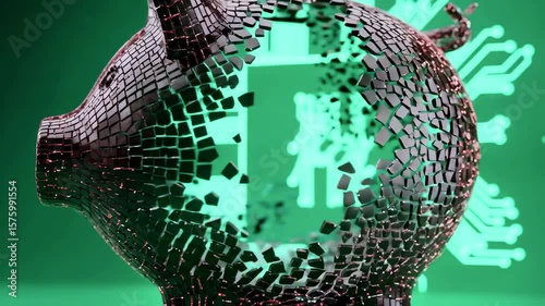 Shattered piggy bank with digital circuitry background, symbolizing financial technology and innovation