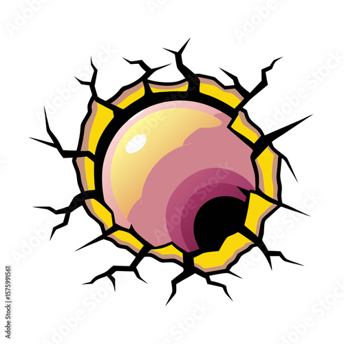 Cracked round hole with colorful swirl in comic book pop art style, isolated vector image on a transparent background  