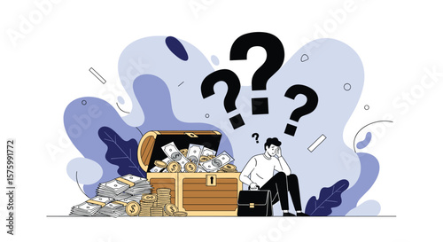 Financial Uncertainty A Man Contemplates A Treasure Chest Filled With Cash Surrounded By Question Marks Indicating Confusion