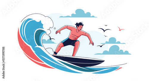 Dynamic Illustration Captures A Thrilling Surf Session As A Man Rides A Powerful Ocean Wave Under A Cloudy Sky
