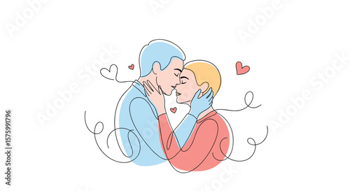 Beautiful Illustration Depicting Two Men Sharing an Intimate Moment of Love and Affection with Heart Symbols and Flowing Lines Suggesting Connection and Romance