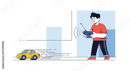 Young person actively controlling a small remote-operated yellow vehicle from a distance using a handheld device and antenna for wireless communication