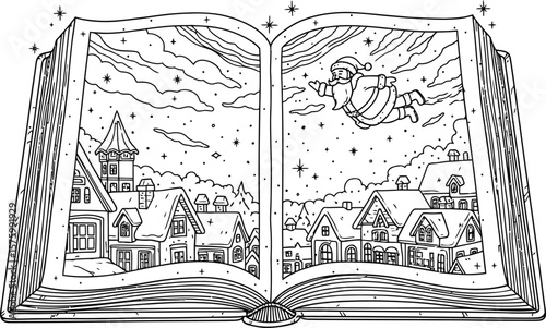Open book with Santa Claus flying over a snowy village at night Christmas winter