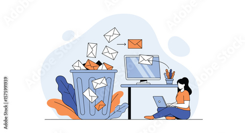 Woman managing overflowing inbox and digital clutter on computer and laptop near overflowing trash can