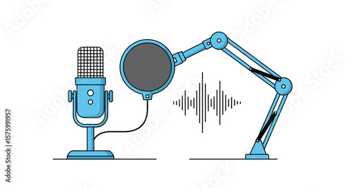 A modern blue microphone on a stand with a pop filter connected to an adjustable arm showing a sound wave graphic for audio recording and broadcasting