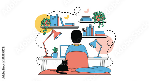 A person works remotely from home with a laptop and a cat nearby surrounded by plants and books for a comfortable learning environment