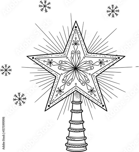 Ornate five pointed star Christmas tree topper with decorative snowflakes winter