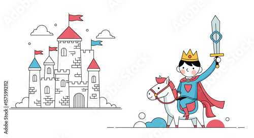 Brave young prince riding his loyal horse to the majestic castle holding his shining sword high in the air