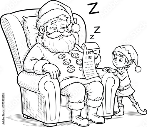 Santa Claus asleep in armchair with cookie shirt and elf looking at list sleeping