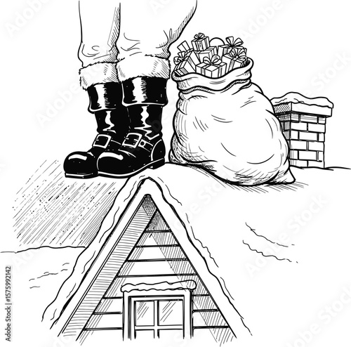 Santa Claus boots and gift sack on snowy rooftop with chimney Christmas winter