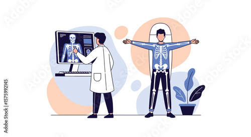 Medical Professional Analyzing Human Skeletal System Data on Digital Screen Alongside Patient Standing Displaying Bone Structure During Diagnostic Examination
