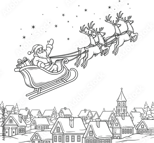 Santa Claus flying in a sleigh pulled by reindeer over a snowy village at night with stars Christmas