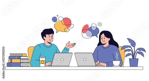 Two people collaborating remotely on a project discussing ideas and sharing knowledge using laptops and communication tools