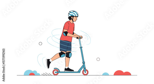Young person skillfully rides a kick scooter wearing safety gear for active urban transportation and recreation