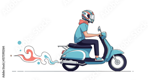 A stylized illustration of a person riding a light blue scooter with colorful smoke trailing from the exhaust pipe