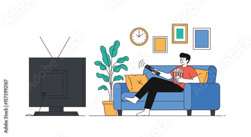 Man sitting on couch watching television holding popcorn and remote control relaxing at home