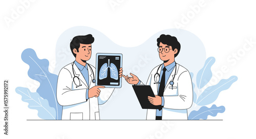 Two doctors are discussing a lung x-ray image on a tablet while standing in a medical setting with plants