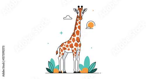 A Majestic Tall Giraffe Standing Proudly in a Lush Green Safari Landscape Under a Bright Sunny Sky