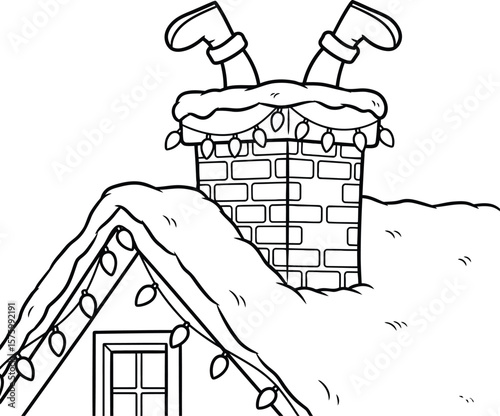 Santa Claus legs stuck in snowy chimney on house roof with Christmas lights vector