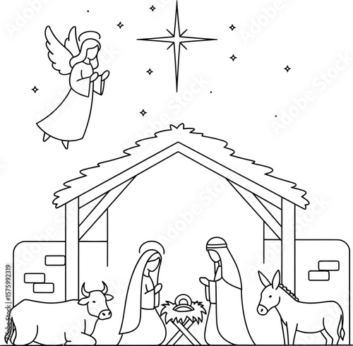 Simple line drawing of a Nativity scene with an angel and star christmas jesus