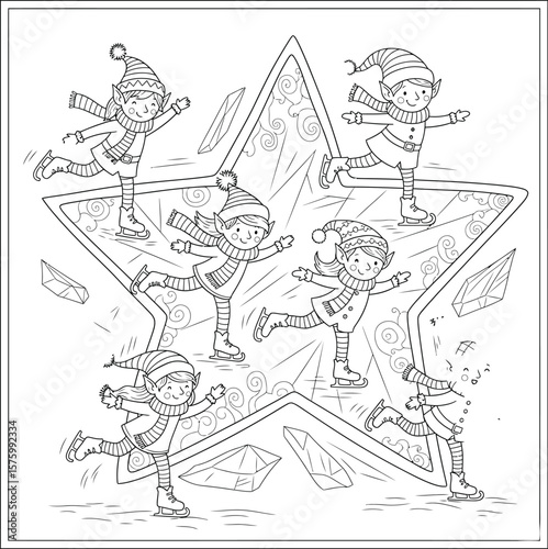 Six cartoon elves ice skating on a star shaped ice rink with crystals winter christmas
