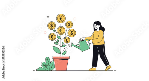 Person watering a potted plant growing currency symbols illustrating financial growth and investment opportunities