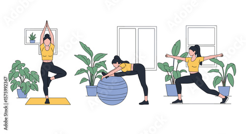 Three women engaged in different yoga poses and fitness exercises at home surrounded by plants and natural light