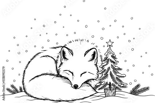 Sleeping fox curled up in snow next to a Christmas tree with falling snowflakes winter