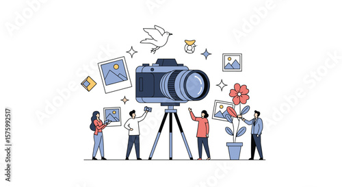 Creative photography concept with people interacting with a large camera setup and artistic elements symbolizing creativity and visual storytelling