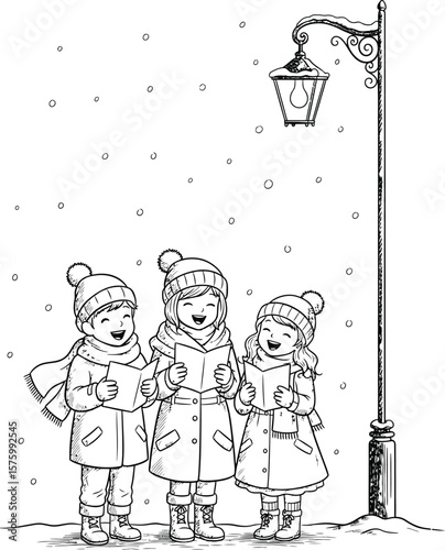 Three children in winter coats and hats singing carols under a street lamp during snowfall caroling